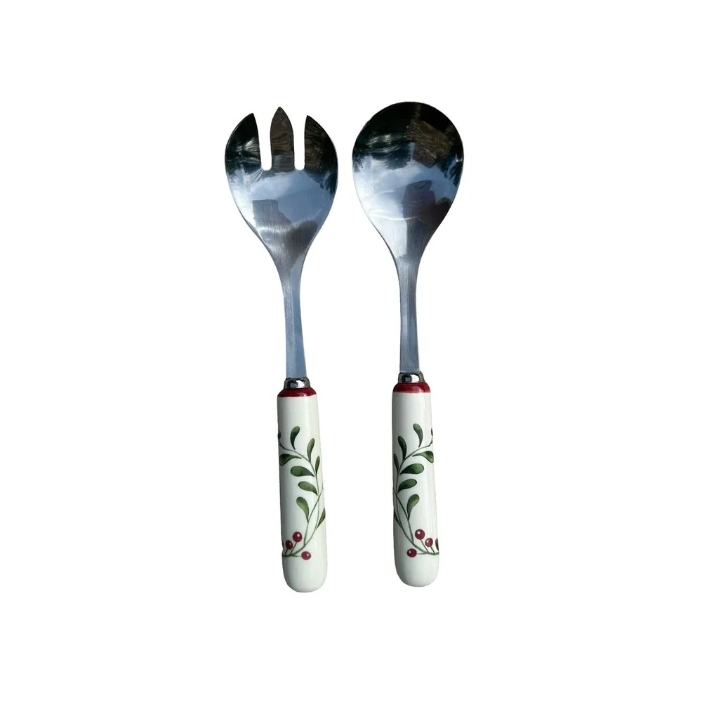 Better Homes & Gardens Salad Servers Stainless Steel Ceramic Holly Berry Handles